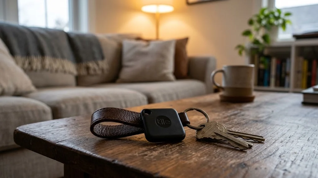 Компактный Bluetooth-трекер для поиска ключей и кошелька на деревянном столе рядом со смартфоном